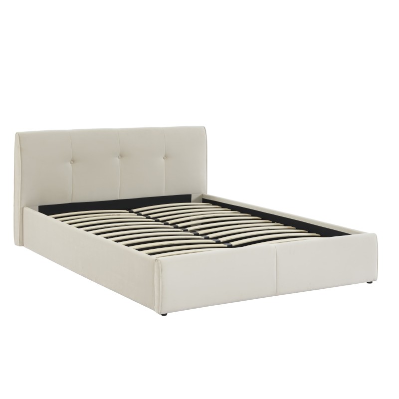 Lit Coffre 140x190 Cm En Velours Beige - Avec Tête De Lit Rembourrée Et Rangement Intégré - Sommier Inclus