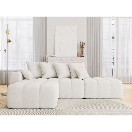 Canapé d'angle gauche modulable ELEONORE convertible tissu bouclette blanc pur 5 places