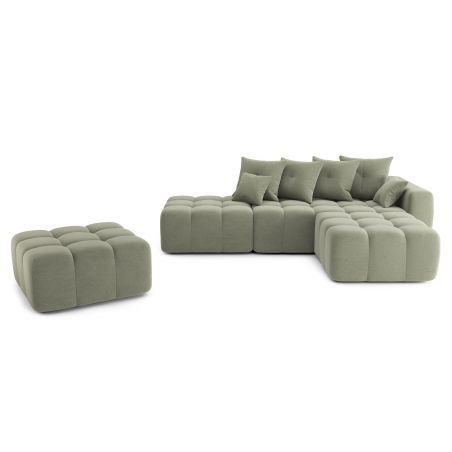 Canapé d'angle droit modulable avec pouf ELEONORE convertible tissu chiné vert amande 6 places