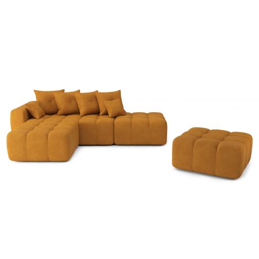 Canapé d'angle gauche modulable avec pouf ELEONORE convertible tissu moutarde 6 places