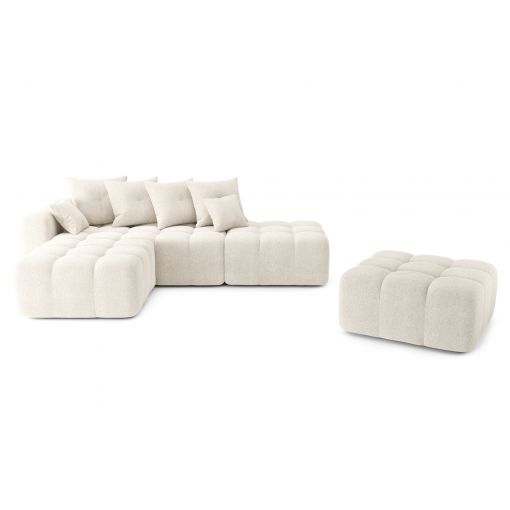 Canapé d'angle gauche modulable avec pouf ELEONORE convertible tissu bouclette blanc pur 6 places