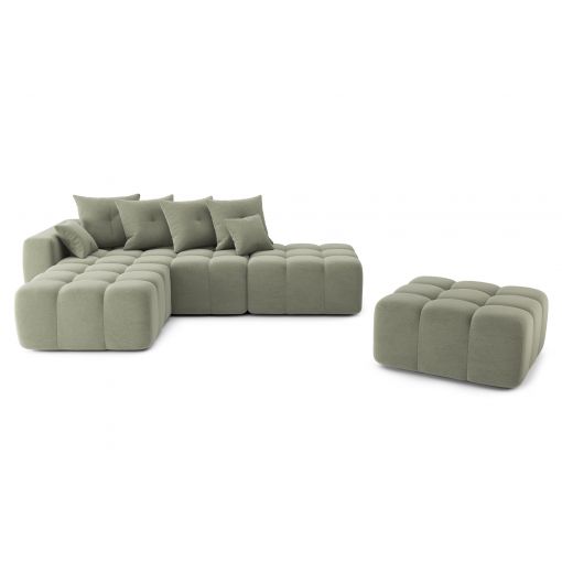 Canapé d'angle gauche modulable avec pouf ELEONORE convertible tissu chiné vert amande 6 places