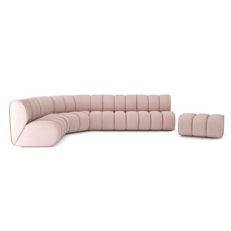 Canapé d'angle avec pouf LEONIE fixe velours côtelé rose poudré 8 places