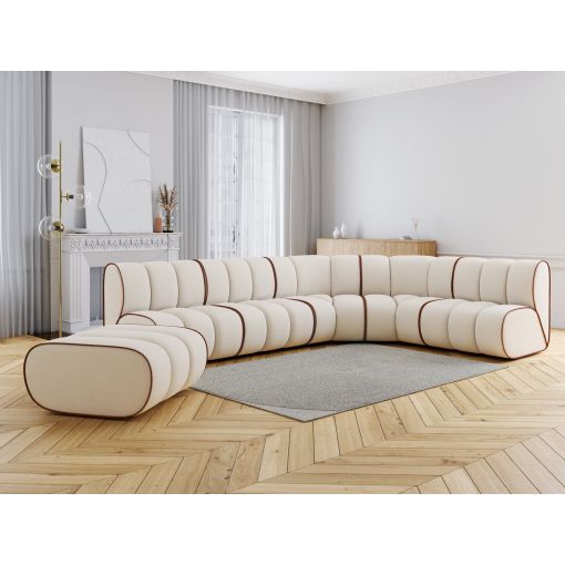 Canapé d'angle avec pouf LEONIE fixe velours côtelé beige 8 places