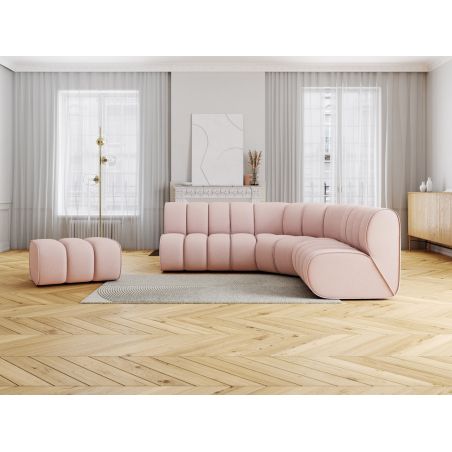 Canapé d'angle avec pouf LEONIE fixe velours côtelé rose poudré 6 places