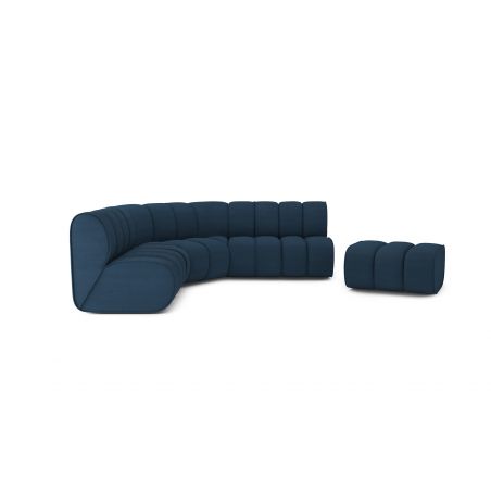 Canapé d'angle avec pouf LEONIE fixe velours côtelé bleu paon 6 places