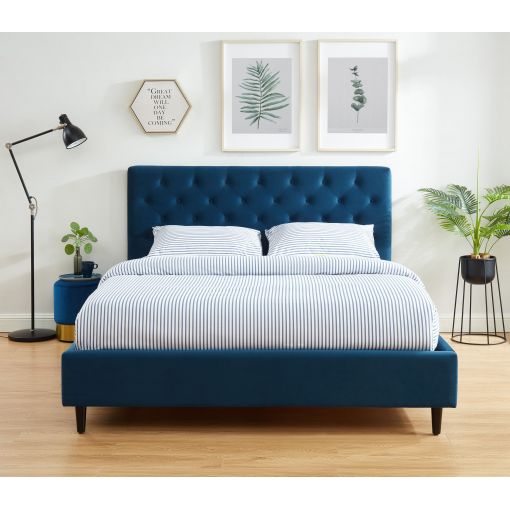 Lit double HUBERT velours bleu matelas 160x200