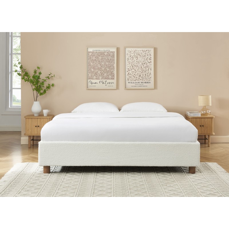 Lit Coffre 160x200cm Avec Sommier - Tissu Bouclette Blanc, Tête De Lit Intégrée, Rangement Spacieux (841 Litres)