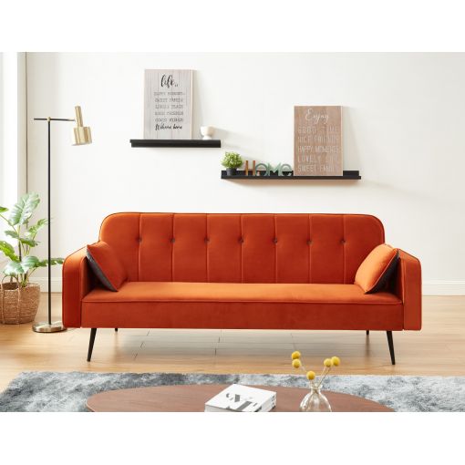 Canapé droit convertibleSWEETY en velours orange 3 places avec pieds en métal noir et 2 coussins inclus