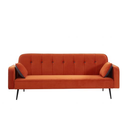 Canapé droit convertibleSWEETY en velours orange 3 places avec pieds en métal noir et 2 coussins inclus