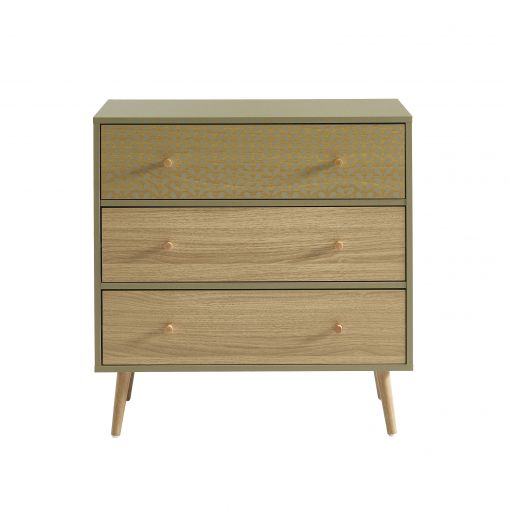 Commode CAPUCINE vert olive et effet chêne 3 tiroirs 78cm