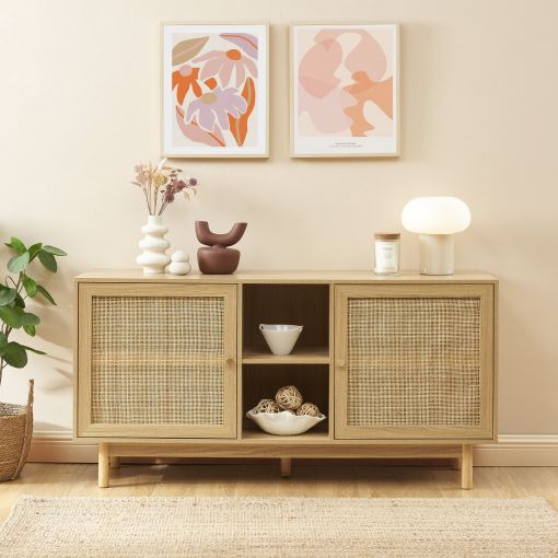 Buffet HELENA effet chêne et cannage rotin 150 cm