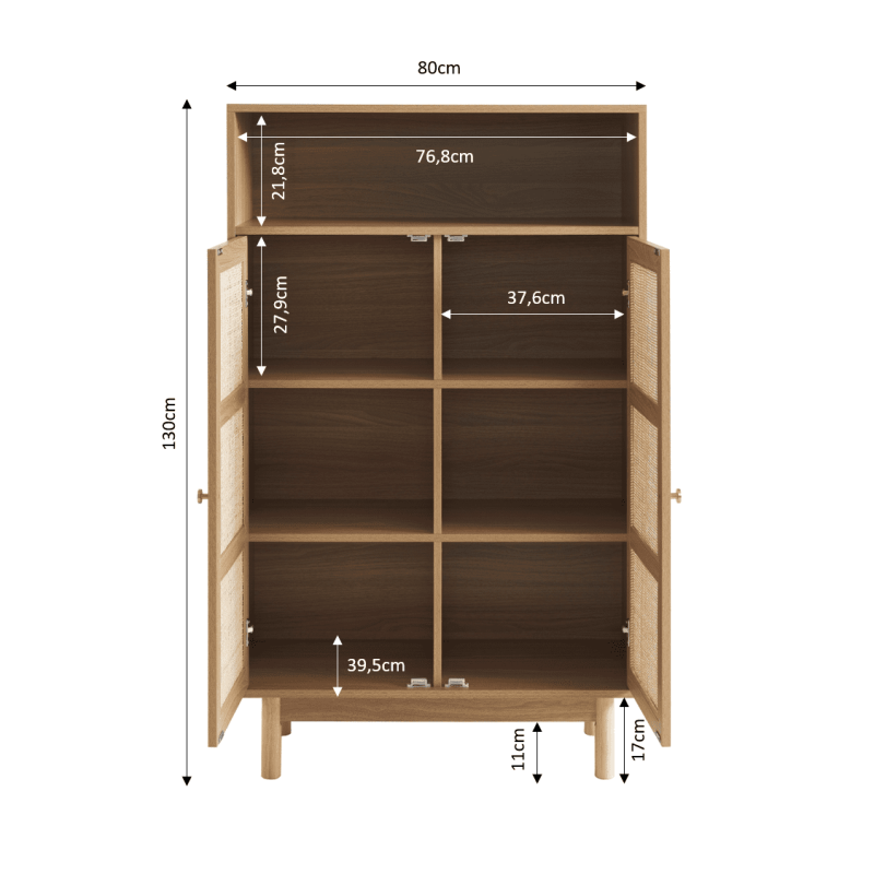 Buffet Pieds Eucalyptus BAÏTA Buffet Amana 90cm - Style Chêne Avec Cannage Rotin - 2 Portes - Pieds Eucalyptus Massif - Meuble Rangement Salon