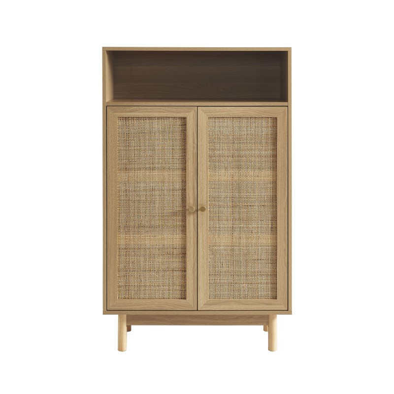 BAÏTA Libreria Helena 80 Cm - Effetto Rovere Chiaro E Cannage Rattan Con Cassetto E Maniglie Ottone - Stile Bohémien