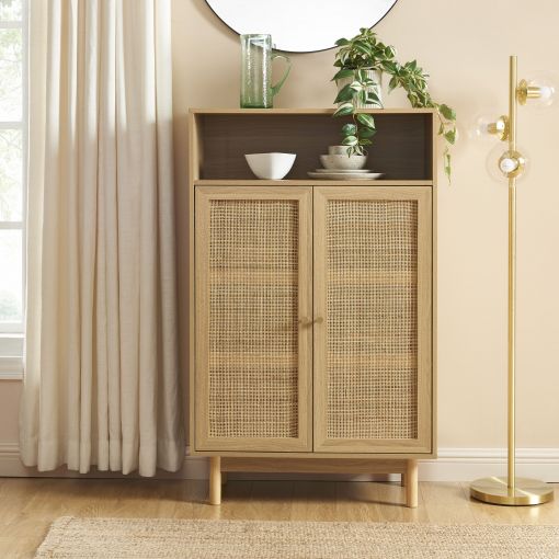 Buffet HELENA effet chêne et cannage rotin 2 portes 80 cm