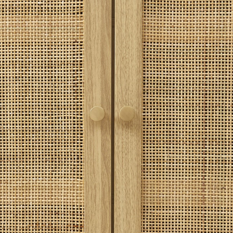 BAÏTA Libreria Helena 80 Cm - Effetto Rovere Chiaro E Cannage Rattan Con Cassetto E Maniglie Ottone - Stile Bohémien