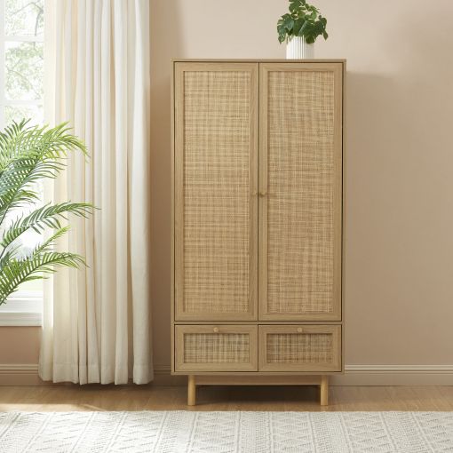 Armoire HELENA effet chêne et cannage rotin 90cm