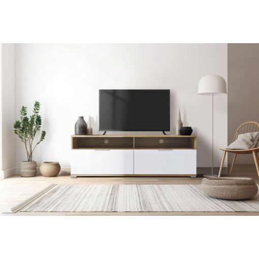 Meuble TV ZELE laqué blanc et effet chêne 135cm