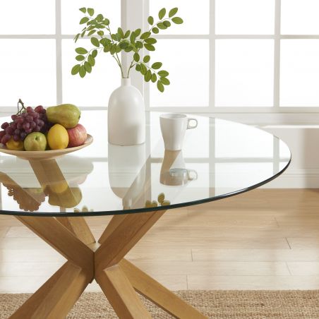 Table à manger ronde HARRY verre et effet chêne 120cm