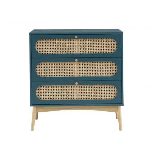 Commode SIXTINE bleu canard et cannage rotin 3 tiroirs