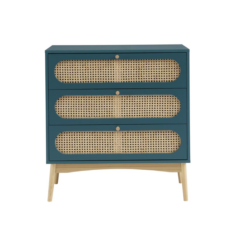 Commode SIXTINE bleu canard et cannage rotin 3 tiroirs