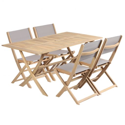 Ensemble table et chaises de jardin RIMINI 4 places en bois d'acacia et textilène taupe