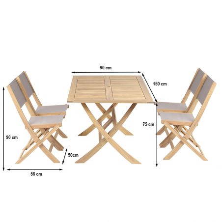 Ensemble table et chaises de jardin RIMINI 4 places en bois d'acacia et textilène taupe