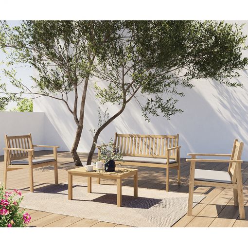 Salon de jardin RIO 4 places en bois d'acacia blanchi FSC avec coussins gris clair