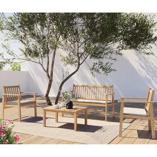 Salon de jardin RIO 4 places en bois d'acacia blanchi FSC avec coussins écru