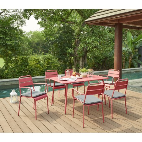 Ensemble PANTONE table 140 cm et 6 chaises de jardin rouge indien