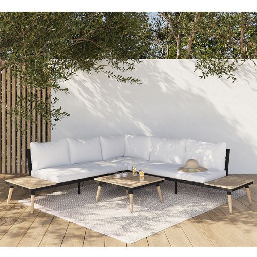 Salon de jardin CANAS 5 places en bois d'acacia blanchi FSC coloris gris clair
