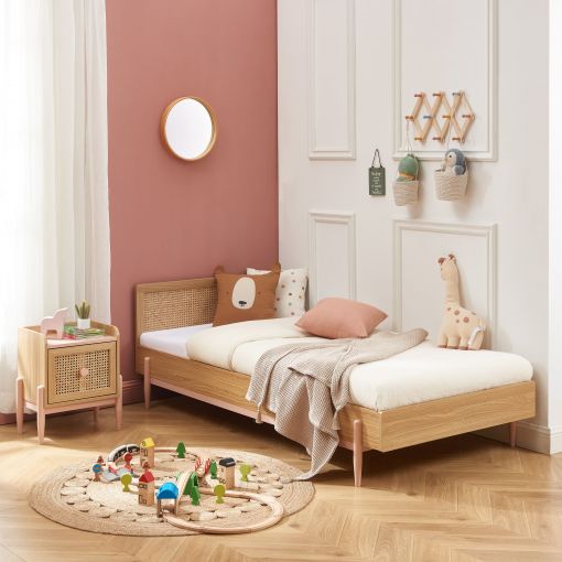 Lit enfant PABLO rose et cannage rotin 90x190 sommier inclus