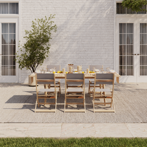 Ensemble table et chaises MOLA 6 places extensible 160/220 cm en bois d'acacia FSC blanchi et textilène