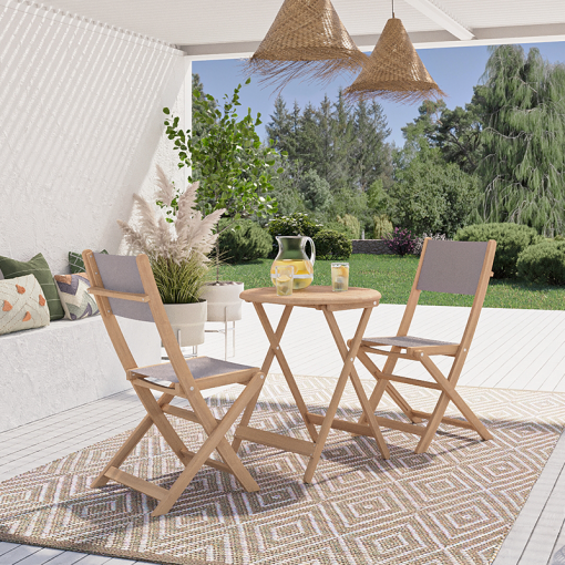 Ensemble table et chaises de jardin RIMINI 2 places en bois d'acacia et textilène taupe