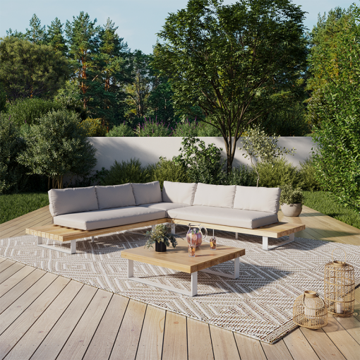 Salon de jardin CARPI 5 places en aluminium et bois d'acacia coussins beige