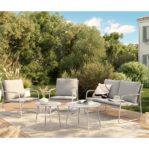 Salon de jardin PANTONE 4 places en acier gris et coussins girs clair