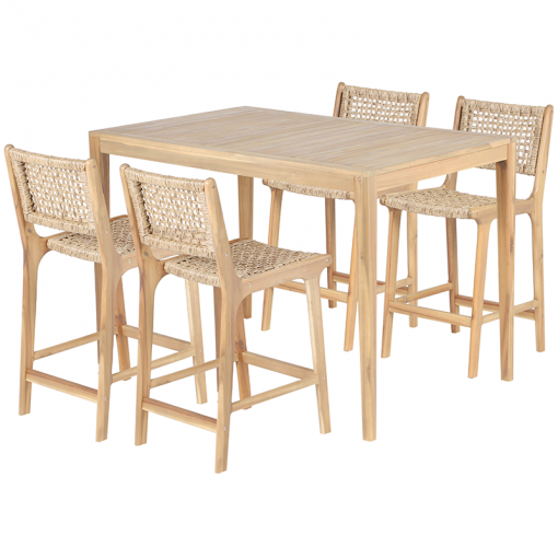 Ensemble table et 4 chaises KUTA semi-hautes en bois d'acacia FSC blanchi