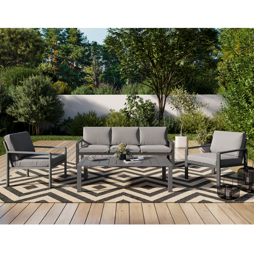 Salon de jardin DINA 5 places aluminium gris foncé et coussins gris clair