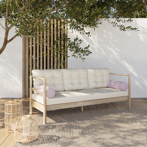 Canapé de jardin SAMOA 3 places en bois d'acacia blanchi FSC avec coussins beige