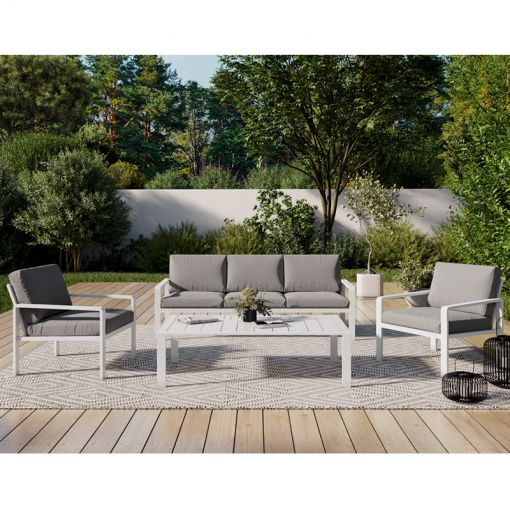 Salon de jardin DINA 5 places aluminium blanc et coussins gris clair