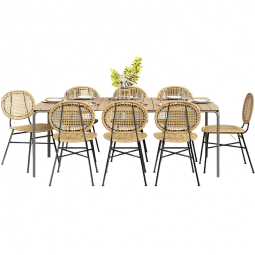 Ensemble table ASTI en bois d'acacia FSC 200 cm et 8 chaises de jardin beige