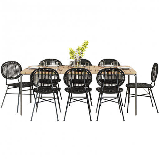 Ensemble table ASTI en bois d'acacia FSC 200 cm et 8 chaises de jardin coloris noir