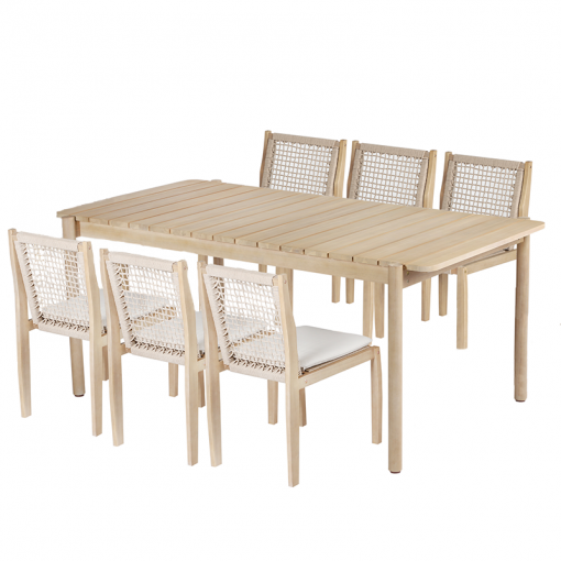 Ensemble table 210cm et 6 chaises SAMOA en bois d'acacia FSC blanchi