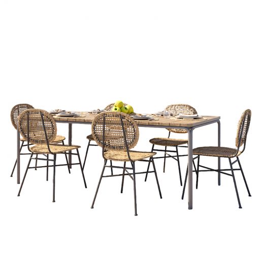 Ensemble table ASTI en bois d'acacia FSC 200 cm et 6 chaises de jardin naturelles