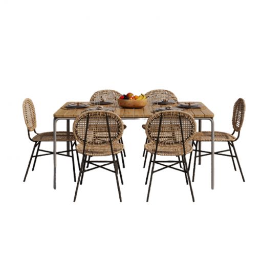 Ensemble table ASTI en bois d'acacia FSC 160 cm et 6 chaises naturelles