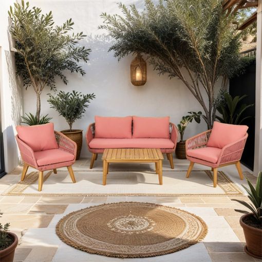 Salon de jardin MALA en bois d'acacia 5 placescorde coussins terracotta