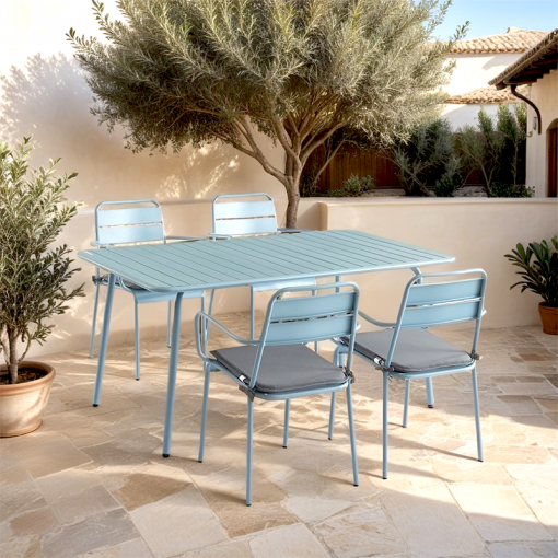 Ensemble PANTONE table 160 cm et 4 chaises de jardin bleu givré