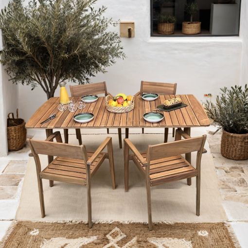 Ensemble table PERLA en bois d'acacia FSC 180 cm et 4 fauteuils