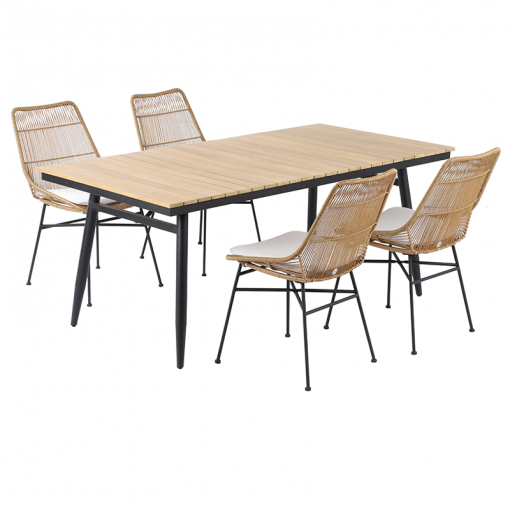 Ensemble table ALBA en bois d'acacia FSC et 4 chaises de jardin avec coussins