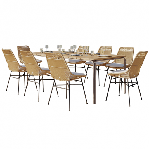 Ensemble table ASTI en bois d'acacia FSC 200 cm et 8 chaises de jardin avec coussins